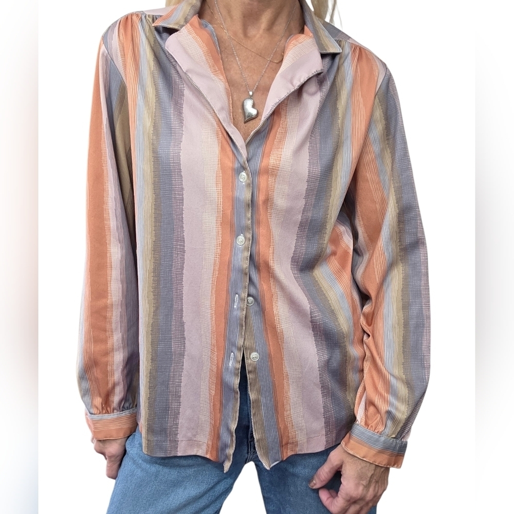 Vintage 70s Striped Button Front Blouse The Shirt Perma Prest